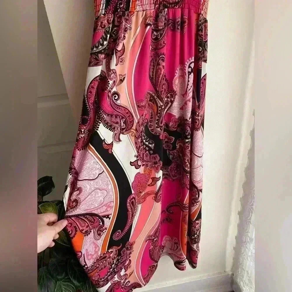 Vintage Shes Cool Pink Paisley Halter V Neck Y2K Maxi Dress Retro Cinched Waist - Picture 3 of 7